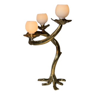 Sculptural Bronze Table Lamp with Opaline Glass Shades For Sale