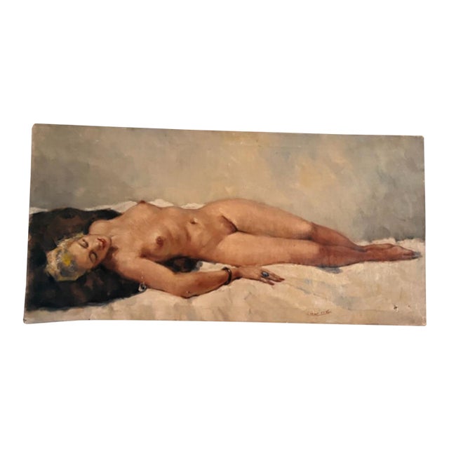 Signed César Vilot French Reclining Nude Oil on Canvas, Mid-20th Century For Sale
