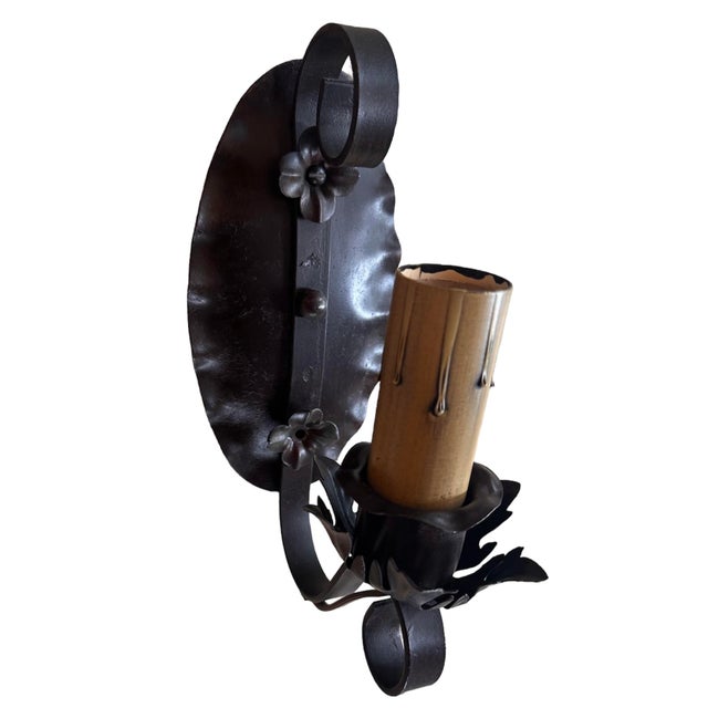 Pair of Iron and Original Paint Sconces in Piecrust Pattern Circa 1920 For Sale - Image 4 of 4