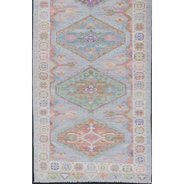 Colorful Modern Oushak Runner With Diamond Medallions and Multi-Tier Border For Sale - Image 9 of 12