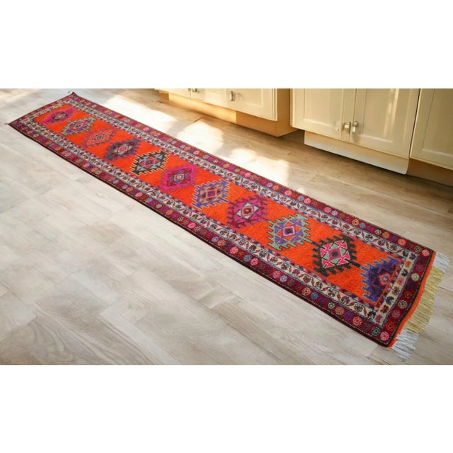 Textile Shimmery Turkish Runner Rug. Hand-Knotted Tribal Extra Long Halway Rug Kitchen Decor - 2′9 × 13′8″ For Sale - Image 7 of 16