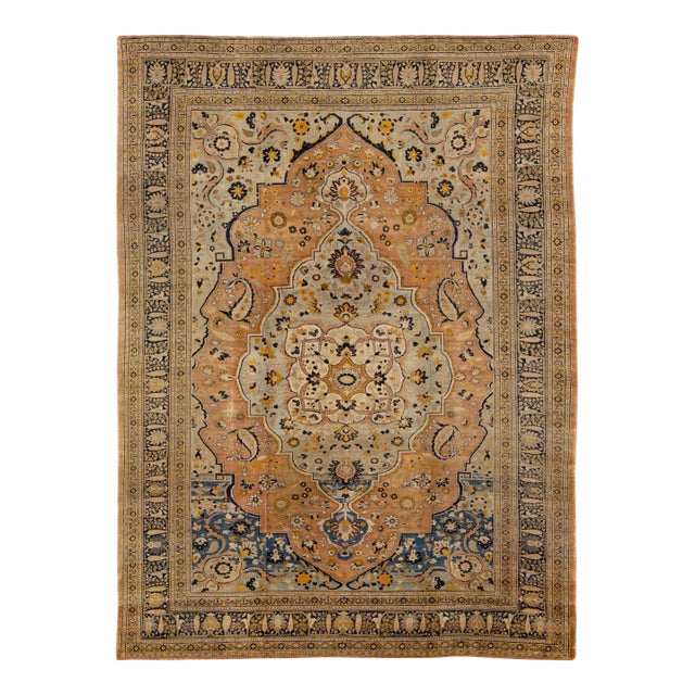 Antique Persian Tabriz Handmade Medallion Motif Blue and Beige Wool Rug For Sale