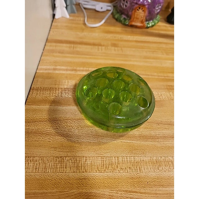 Vintage Uranium Glass Flower Frog Green 1930s For Sale - Image 4 of 8
