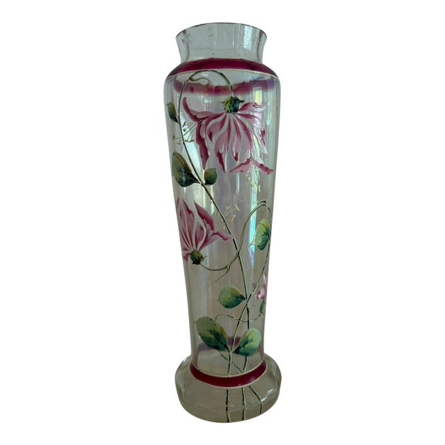 Late 19th Century Hand Blown, Hand Enameled, & Iridescent Art Nouveau Glass Vase For Sale