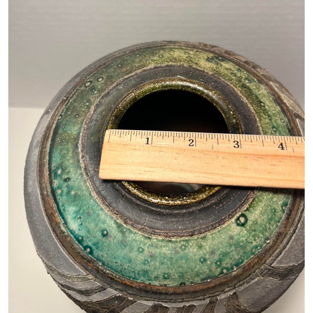 1970s Vintage Studio Art Pottery Chestnut Leaves Raku Glaze Vase by Bohn, Signed For Sale - Image 5 of 7