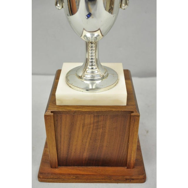 Vintage 1970s Art Deco Silver Metal Marble & Wood Figural Golf Trophy Award Cup For Sale - Image 9 of 17
