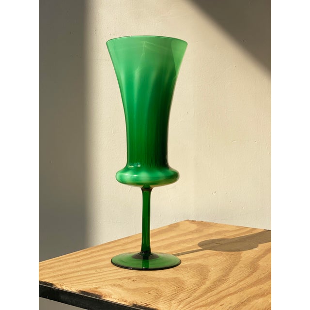 Vintage 1960s Kelly Green Optic Italian Empoli Glass Footed Vase