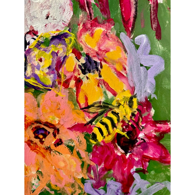 A joyful garden alive with flowers, butterflies, a busy bee and a bright yellow bird. Rich color and expressive brushwork...