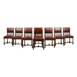 Antique French Louis XIII Style Walnut Dining Chairs W/ Brown Faux Leather - Set of 8 For Sale