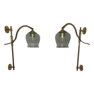 Vintage Adjustable Wall Lamps with Brass Frame and Tinted Ice Glass Shade, 1980s, Set of 2 For Sale