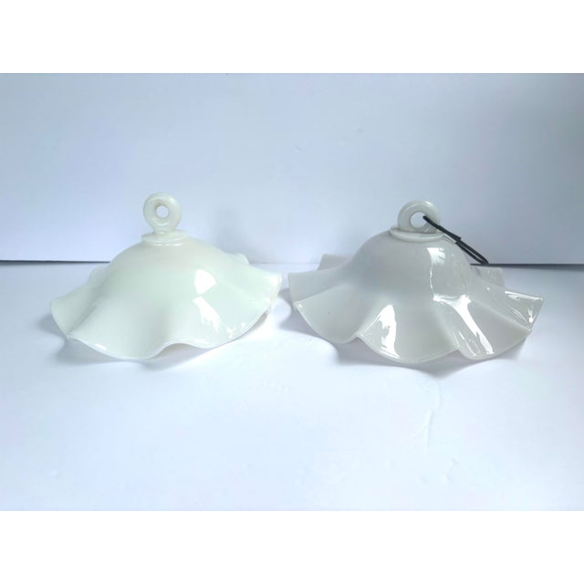 Victorian Antique Victorian White Milk Glass Ruffled Hanging Smoke Bells - a Pair For Sale - Image 3 of 12
