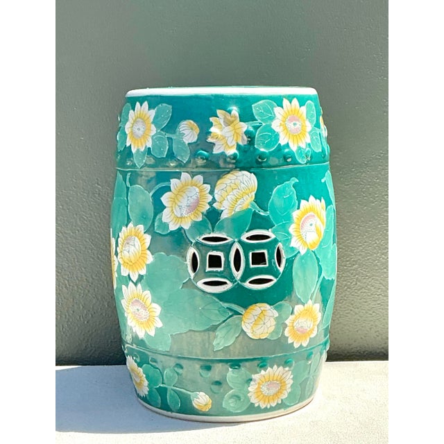 Ceramic Vintage Floral Glazed Ceramic Low Stool For Sale - Image 7 of 12