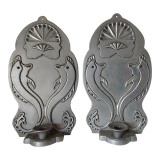 Vintage Art Deco Style Candle Sconces With Dolphins by Wilton For Sale