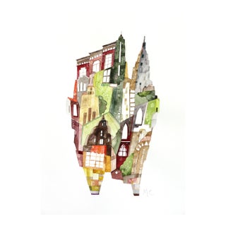 Central Park View - Architectural Colorful Watercolor Painting on Paper by Maria C. Bernhardsson For Sale