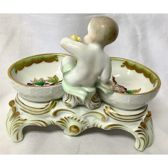 Mid 20th Century Vintage Herend Queen Victoria Porcelain Twin Salt Cellar With Cherub For Sale - Image 5 of 8