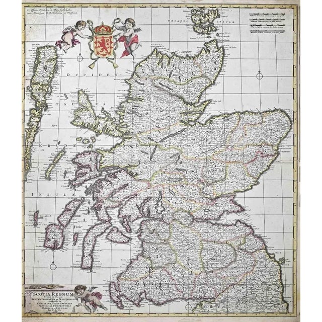 This double-page etching with contemporary coloring, entitled Scotia Regnum, was realized by the cartographer Frederick de...