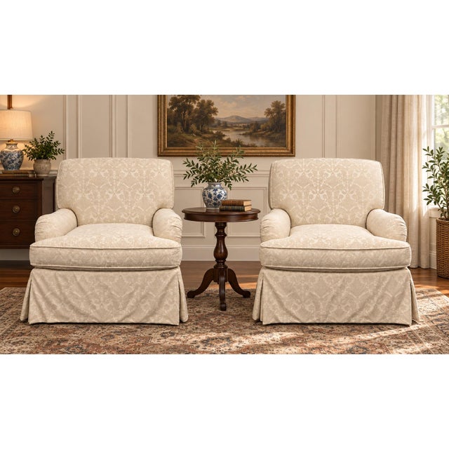Vintage Pem-Kay Cream Damask Skirted Chairs - A Pair For Sale - Image 11 of 11