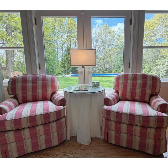 A Pair of Custom Pink Plaid Pleated Skirt Lounge Chairs With Rolled Arms For Sale In New York - Image 6 of 18