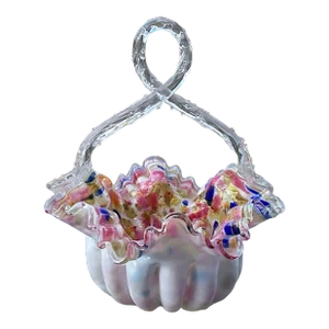 Antique Victorian Glass Splatter Ware Basket With Thorn Handle