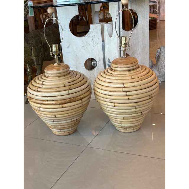 Vintage Palm Beach Coastal Large Rattan Table Lamps Newly Wired - a Pair For Sale - Image 12 of 12