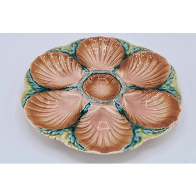 Art Deco 1940s French Art Deco Blue Green and Peach Ceramic Oyster Plate For Sale - Image 3 of 11