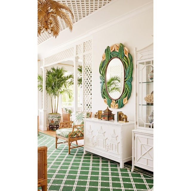 Wood Carved Wood Tropical Folk Art Calalily Green Leaf Oval Wall Mirror For Sale - Image 7 of 8