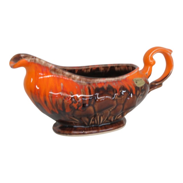 Roy Craft Canada Mushroom Ceramic Pottery Orange and Brown Gravy Boat 4606b For Sale
