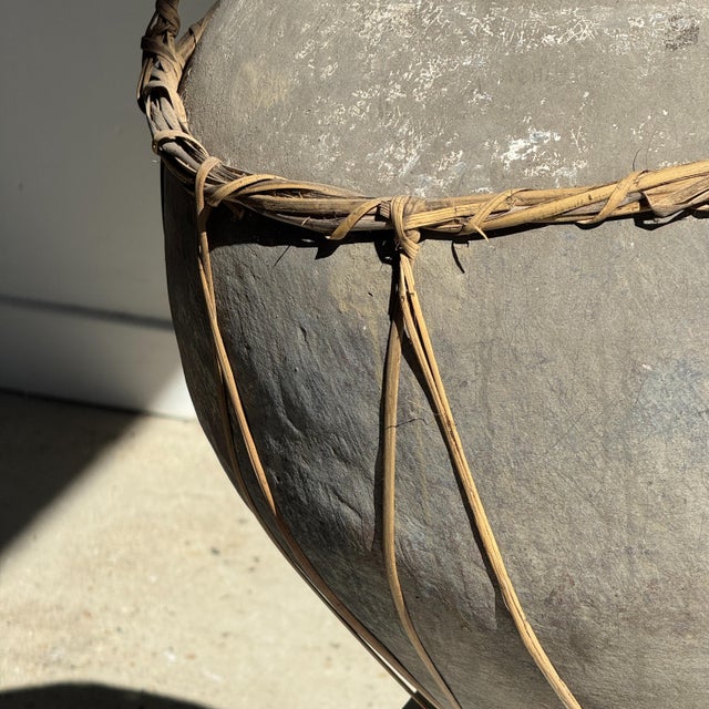 Large Light Grey Terracotta Pot with Rattan Handles and Crossbars, 1960s For Sale - Image 9 of 11