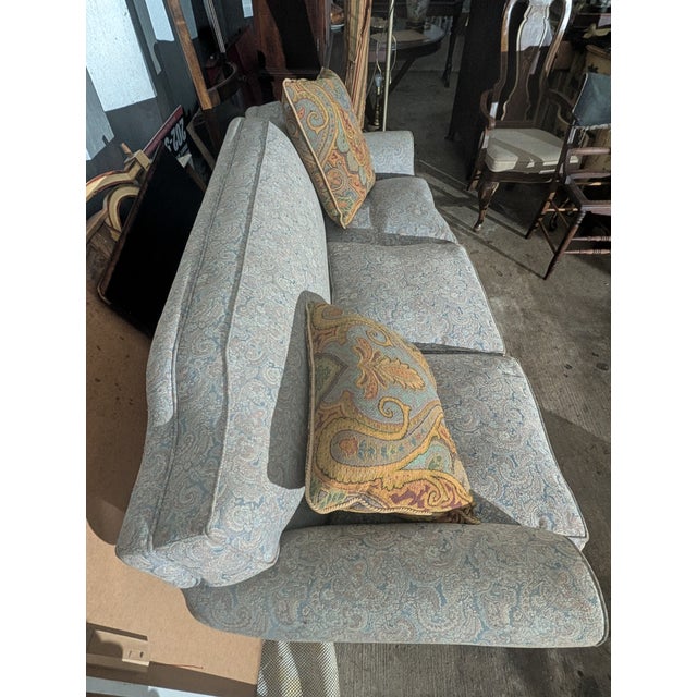 Vintage Victorian Revival Carved Wood Sofa With Paisley Upholstery For Sale - Image 11 of 16