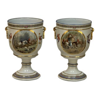 Pair Antique Belgian Pêtre À Baudour Neoclassical Porcelain Hunt Scene Urns For Sale