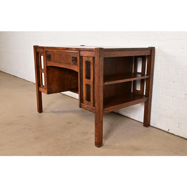 Stickley Brothers Style Antique Mission Oak Arts & Crafts Desk With Built-in Bookcases, Circa 1900 For Sale - Image 11 of 11
