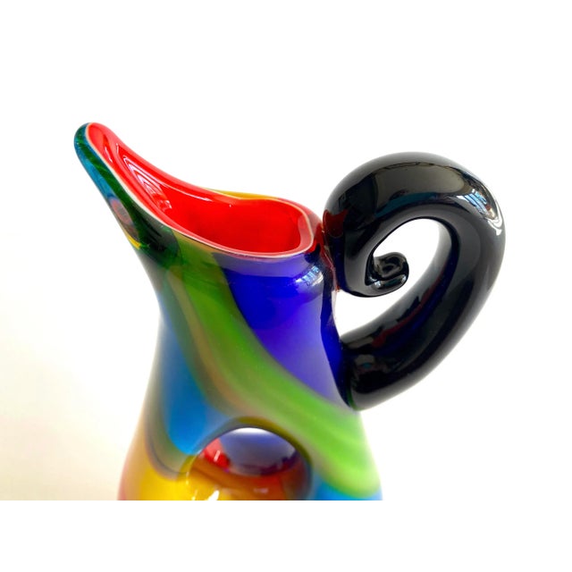 Murano Vintage 1980's Postmodern Italian Murano Art Glass Fused Multicolor Stripe Sculptural Pitcher Vase For Sale - Image 4 of 13