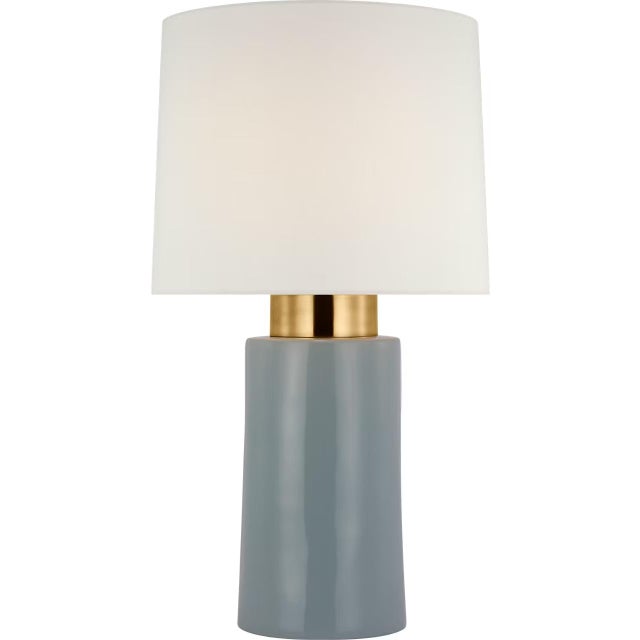 Modern Barbara Barry by Visual Comfort Signature Xian 30" Table Lamp in Sky Gray and Soft Brass with Linen Shade For Sale - Image 3 of 3