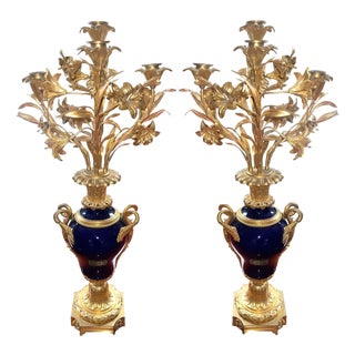Pair of French Bronze & Deep Cobalt Porcelain Candelabras. 19th Century. For Sale