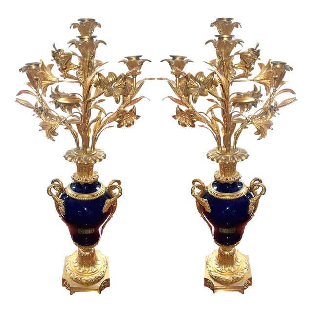 Pair of French Bronze & Deep Cobalt Porcelain Candelabras. 19th Century. For Sale