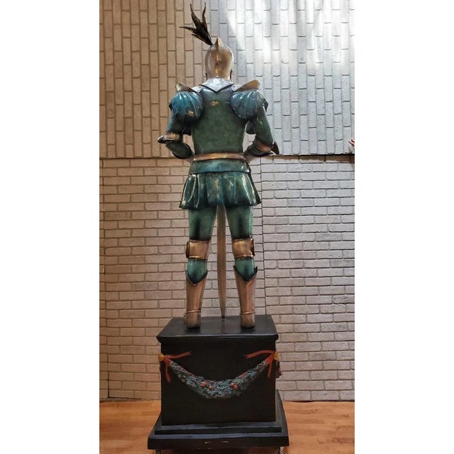 Vintage Life-Size Medieval Bronze Knight Statues on Rolling Mounted Bases – Pair For Sale In Chicago - Image 6 of 6
