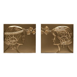 Pair of Secessionist Reliefs Made After Georg Klimt, Sculptural Golden Bas Relief With Female Profiles, Wall Object For Sale