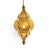 Beautiful Moorish brass hanging lantern with yellow glow from the interior which is painted. The exterior is perforated...