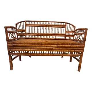 Vintage Brighton Pavilion Style Burnt Bamboo & Cane Settee Bench, C. 1970s For Sale