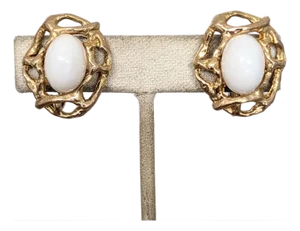 Vintage 1973 Signed Napier Modernist Goldtone White Cabochon Clip Earrings - 2 Pieces