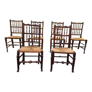 Early 20th Century 6 Antique Matching George III Lancashire Style Oak Rush Seat Side Chairs For Sale