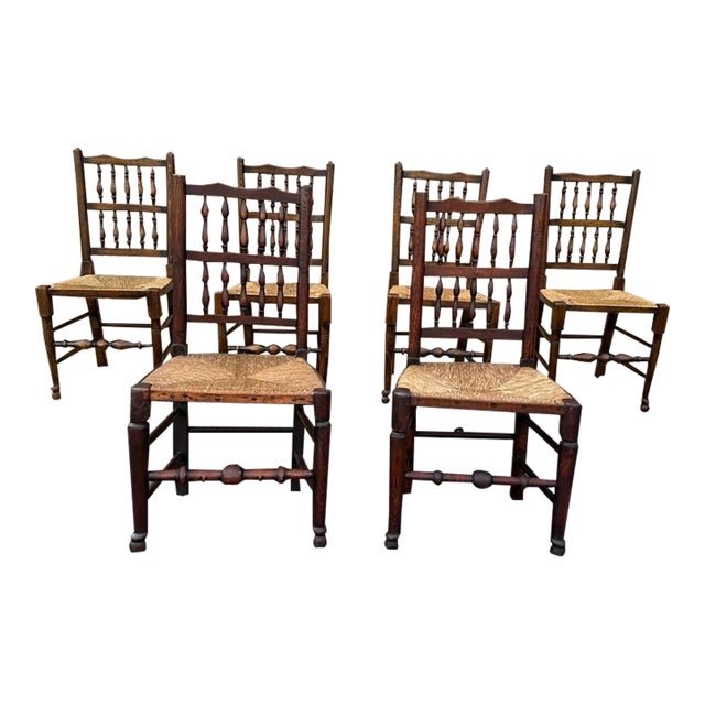Early 20th Century 6 Antique Matching George III Lancashire Style Oak Rush Seat Side Chairs For Sale
