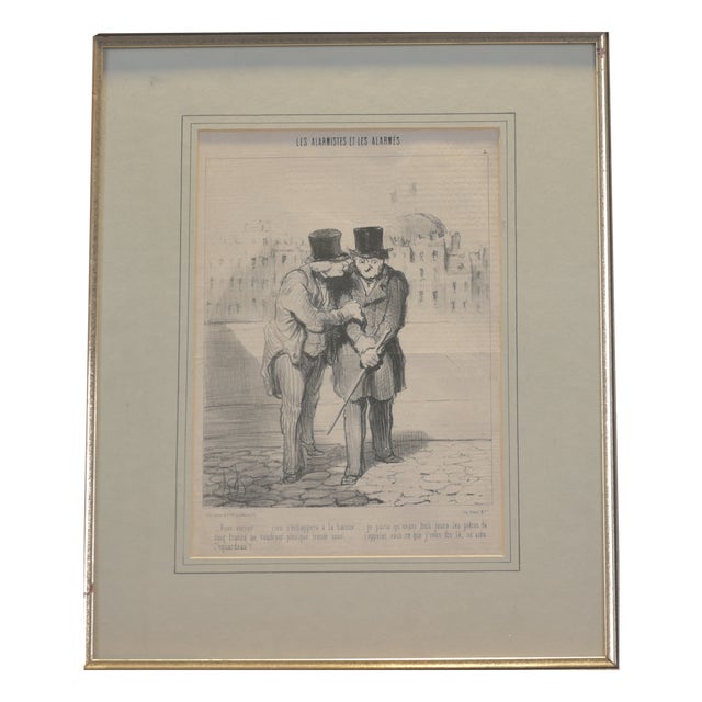 Steel Engraving by Honoré Daumier, Les Alarmists Son Alarmee, Le Charivari Magazine, Circa 1860, Framed Under Glass with Berlin Molding, Silver-Plated For Sale
