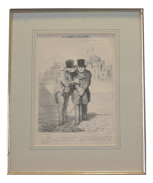 Steel Engraving by Honoré Daumier, Les Alarmists Son Alarmee, Le Charivari Magazine, Circa 1860, Framed Under Glass with Berlin Molding, Silver-Plated