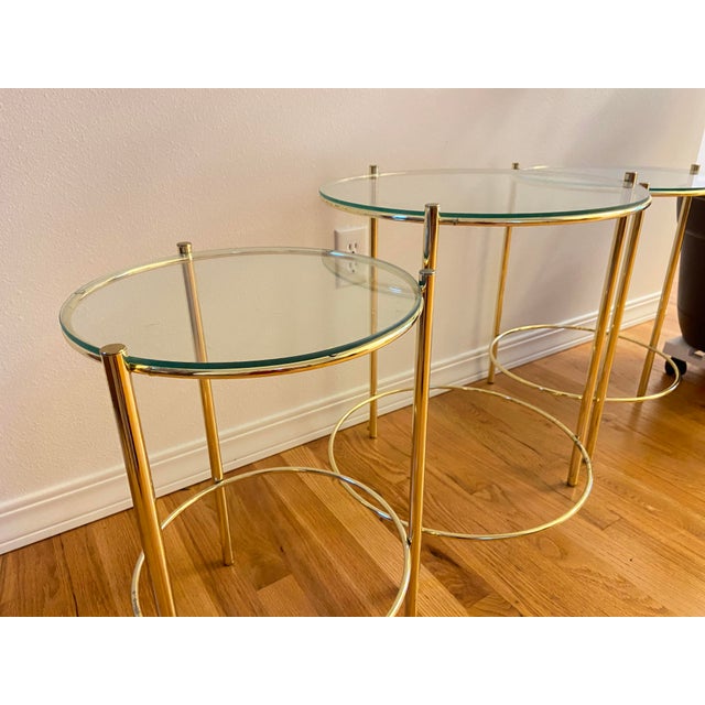 1970s Set of 3 Round Brass & Glass Nesting End Table For Sale - Image 9 of 13