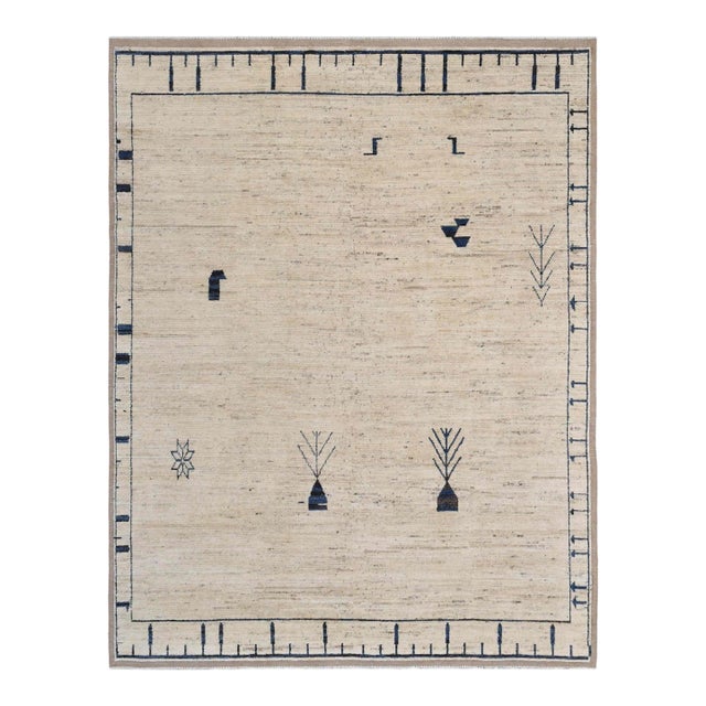 Neutral & Blue Modern Hand Knotted Rug For Sale