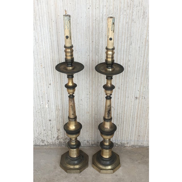 20th Pair of Spanish Renaissance Style Bronze Pricket Floor Lamps, Torchères For Sale - Image 4 of 9