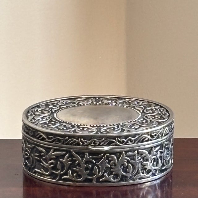Vintage Silver-Plated Oval Jewelry Box With Blue Velvet Lining & Ornate Foliate Relief For Sale - Image 4 of 12
