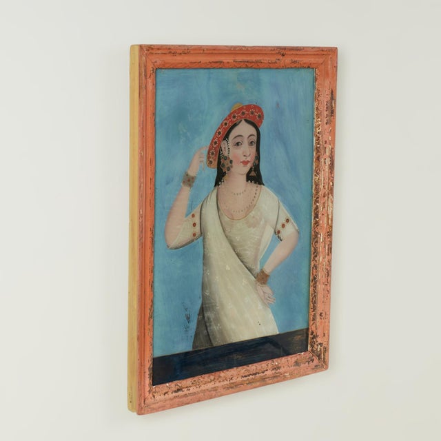Antique Indian Reverse Painted Portrait of Woman on Glass For Sale - Image 9 of 12