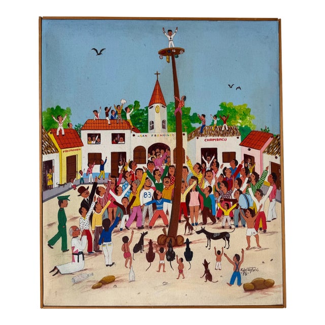 1970 Vintage Spanish Folk Carnival Oil on Canvas Painting by Fidel Fontalvo For Sale